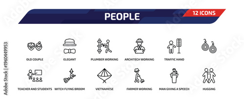 people outline icon set. 12 linear vector for ui, web and mobile. thin line old couple, elegant, plumber working and more icons.