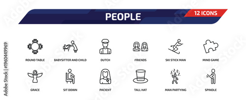 people outline icon set. 12 linear vector for ui, web and mobile. thin line round table, babysitter and child, dutch and more icons.