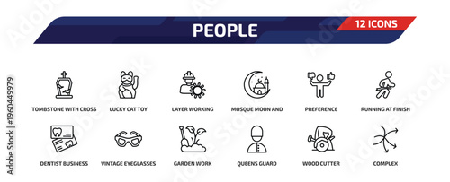 people outline icon set. 12 linear vector for ui, web and mobile. thin line tombstone with cross, lucky cat toy, layer working and more icons.