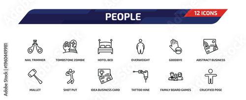 people outline icon set. 12 linear vector for ui, web and mobile. thin line nail trimmer, tombstone zombie hand, hotel bed and more icons.
