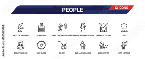 people outline icon set. 12 linear vector for ui, web and mobile. thin line satelite antenna, ticket hine, man throwing a dart and more icons.