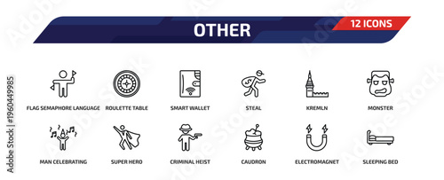 other outline icon set. 12 linear vector for ui, web and mobile. thin line flag semaphore language, roulette table, smart wallet and more icons.