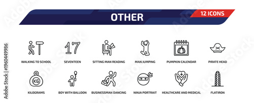 other outline icon set. 12 linear vector for ui, web and mobile. thin line walking to school, seventeen, sitting man reading and more icons.