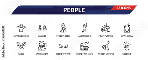 people outline icon set. 12 linear vector for ui, web and mobile. thin line getting dressed, parents, student books and more icons.
