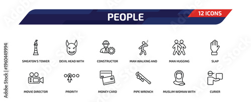 people outline icon set. 12 linear vector for ui, web and mobile. thin line smeaton's tower, devil head with horns, constructor and more icons.