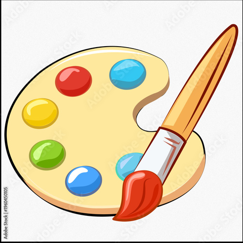 A vibrant illustration of a classic wooden painter's palette featuring colorful paint blobs and a brush with red tip, symbolizing creativity, artistic expression, and fine arts education
