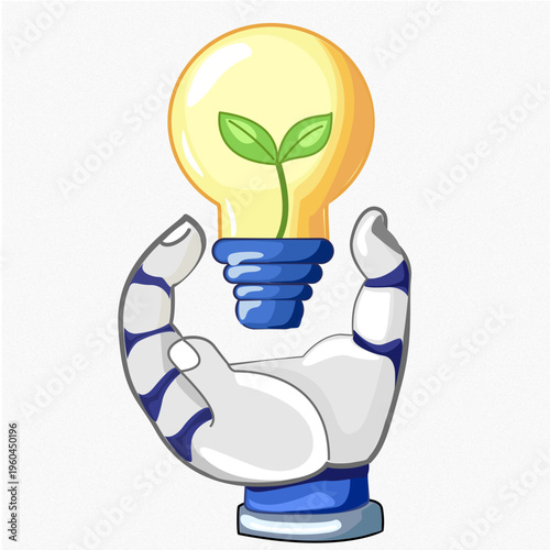 A futuristic robotic hand gently cradles a glowing light bulb containing a growing green sprout, symbolizing the harmony between advanced technology, sustainable energy, and environmental innovation