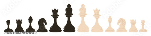 Black and white chess pieces. Vector illustrations in flat style. King, queen, rook, bishop, knight and pawns. Chessmen set. Design elements on white background. Chess figures