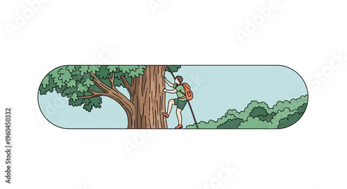 Young person with a backpack expertly climbing an old tree trunk in a tranquil outdoor scene