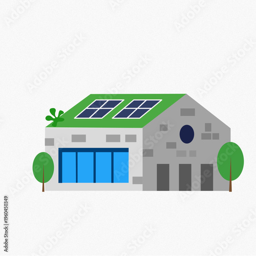 Sustainable architecture concept featuring a stone house with renewable energy solar panels and a grass roof. Minimal flat design representing environmentally conscious living and green energy.