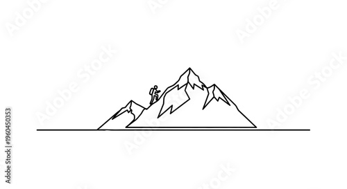 Minimalist continuous line art depicting a resilient hiker ascending a majestic mountain range
