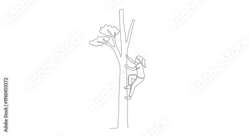 Energetic solo female adventurer ascending a tall tree trunk illustrating challenge and outdoor