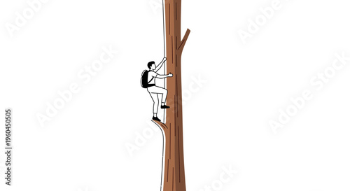 A determined individual with a backpack scaling a tall tree trunk illustrating perseverance