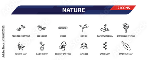 nature outline icon set. 12 linear vector for ui, web and mobile. thin line four toe footprint, eco socket, woods and more icons.