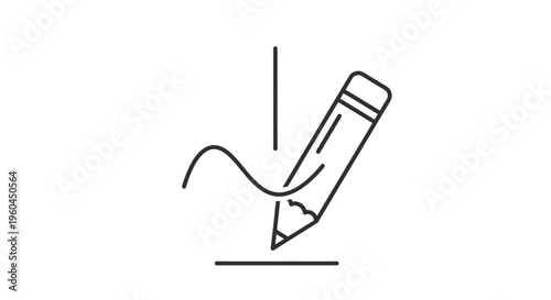 Conceptual outline icon of a pencil actively drawing creative lines and forms on a minimalist