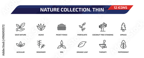 nature collection. thin outline icon set. 12 linear vector for ui, web and mobile. thin line save nature, agave, picket fence and more icons.