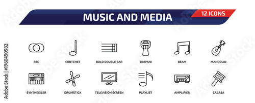 music and media outline icon set. 12 linear vector for ui, web and mobile. thin line rec, crotchet, bold double bar line and more icons.
