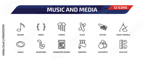 music and media outline icon set. 12 linear vector for ui, web and mobile. thin line quaver, brace, chimes and more icons.