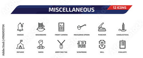 miscellaneous outline icon set. 12 linear vector for ui, web and mobile. thin line snooze, washboard, front camera and more icons.