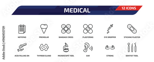 medical outline icon set. 12 linear vector for ui, web and mobile. thin line notepad, premolar, bandage cross and more icons.