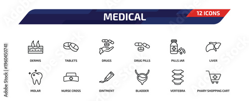 medical outline icon set. 12 linear vector for ui, web and mobile. thin line dermis, tablets, drugs and more icons.