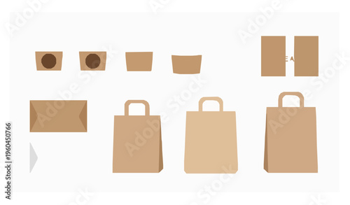 Takeaway packaging top view vector coffee cups bags and boxes isolated on white background