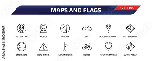 maps and flags outline icon set. 12 linear vector for ui, web and mobile. thin line no toileting, locator, navigate and more icons.