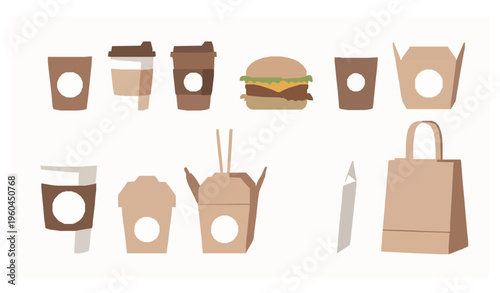 Takeaway coffee packaging mockup vector cups bags and boxes blank design isolated on white background