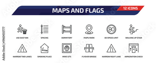 maps and flags outline icon set. 12 linear vector for ui, web and mobile. thin line use dust bin, spacing, dormitory and more icons.