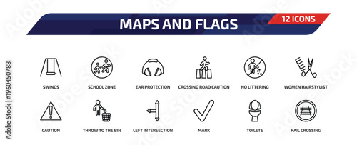 maps and flags outline icon set. 12 linear vector for ui, web and mobile. thin line swings, school zone, ear protection and more icons.