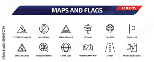 maps and flags outline icon set. 12 linear vector for ui, web and mobile. thin line electrocution risk, no luggage, speed breaker and more icons.