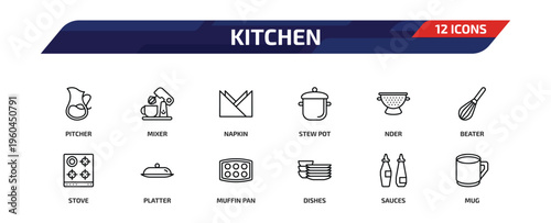 kitchen outline icon set. 12 linear vector for ui, web and mobile. thin line pitcher, mixer, napkin and more icons.