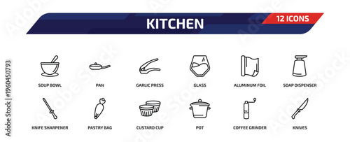 kitchen outline icon set. 12 linear vector for ui, web and mobile. thin line soup bowl, pan, garlic press and more icons.
