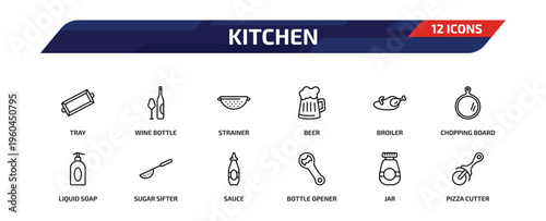 kitchen outline icon set. 12 linear vector for ui, web and mobile. thin line tray, wine bottle, strainer and more icons.