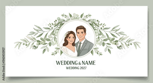 Elegant Wedding Invitation with Watercolor Portrait of a Happy Couple and Greenery Wreath.