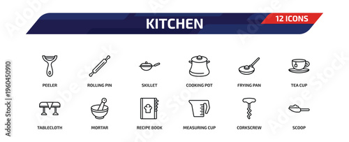 kitchen outline icon set. 12 linear vector for ui, web and mobile. thin line peeler, rolling pin, skillet and more icons.