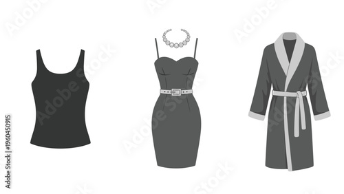 Greyscale silhouettes of women's clothing and accessories including a tank top elegant dress with a necklace and a belted bathrobe.