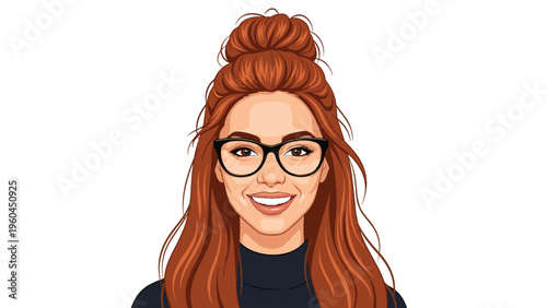 Portrait of a happy smiling woman with glasses and long red hair tied in a high bun wearing a black turtleneck on a white background.