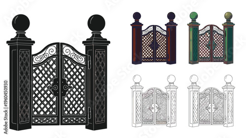 Set of ornate metal gates with pillars shown in various styles including silhouette color and line art for garden and estate design.