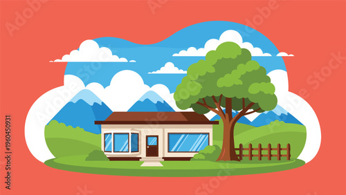 Peaceful suburban house illustration in a beautiful mountain landscape with green fields trees a fence and a blue sky with clouds.