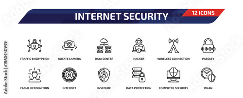 internet security outline icon set. 12 linear vector for ui, web and mobile. thin line traffic encryption, rotate camera, data center and more icons.