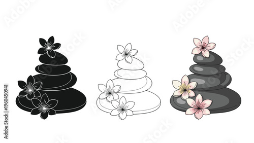 Stacked basalt spa stones decorated with tropical flowers presented in three artistic styles including silhouette, line art, and colored versions.