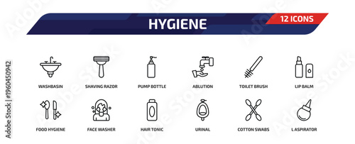 hygiene outline icon set. 12 linear vector for ui, web and mobile. thin line washbasin, shaving razor, pump bottle and more icons.
