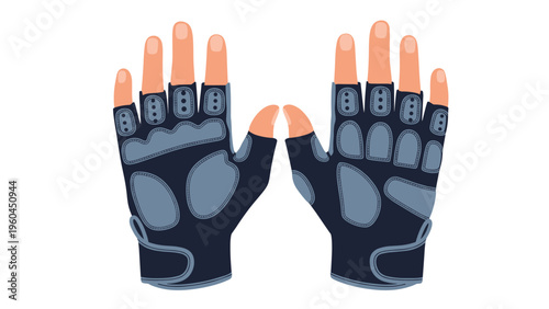 Pair of professional fingerless gym gloves for weightlifting and fitness training with padding for palm protection against white background.