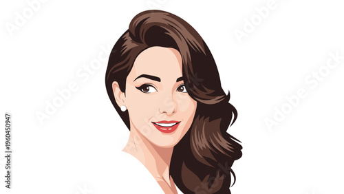 Beautiful young woman with long wavy brown hair and elegant makeup posing with a gentle smile in a stylish vector portrait illustration.