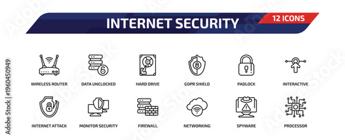 internet security outline icon set. 12 linear vector for ui, web and mobile. thin line wireless router, data unclocked, hard drive and more icons.