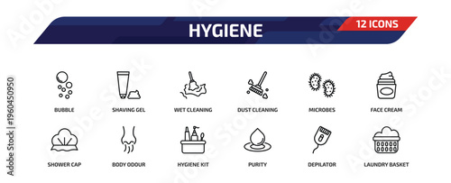hygiene outline icon set. 12 linear vector for ui, web and mobile. thin line bubble, shaving gel, wet cleaning and more icons.