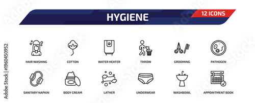 hygiene outline icon set. 12 linear vector for ui, web and mobile. thin line hair washing, cotton, water heater and more icons.