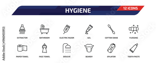 hygiene outline icon set. 12 linear vector for ui, web and mobile. thin line extractor, bathroom, electric razor and more icons.