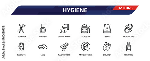 hygiene outline icon set. 12 linear vector for ui, web and mobile. thin line toothpick, varnish, drying hands and more icons.